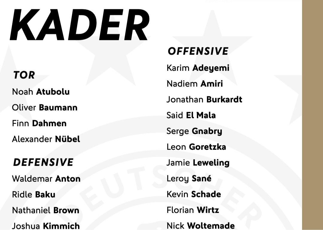 德國11月國際競賽大名單出爐：維爾茨在列，小將馬拉首入選